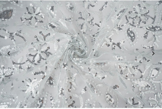 Weiß Silber Bestickter Tüll Stoff 10€ je Meter